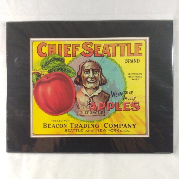 Chief Seattle Wenatchee Valley Apples Washington Art Print Crate Label Matted - Picture 1 of 3